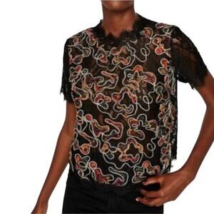 Zara Black Embroidery Lace Shortsleeve Top Sz Medium